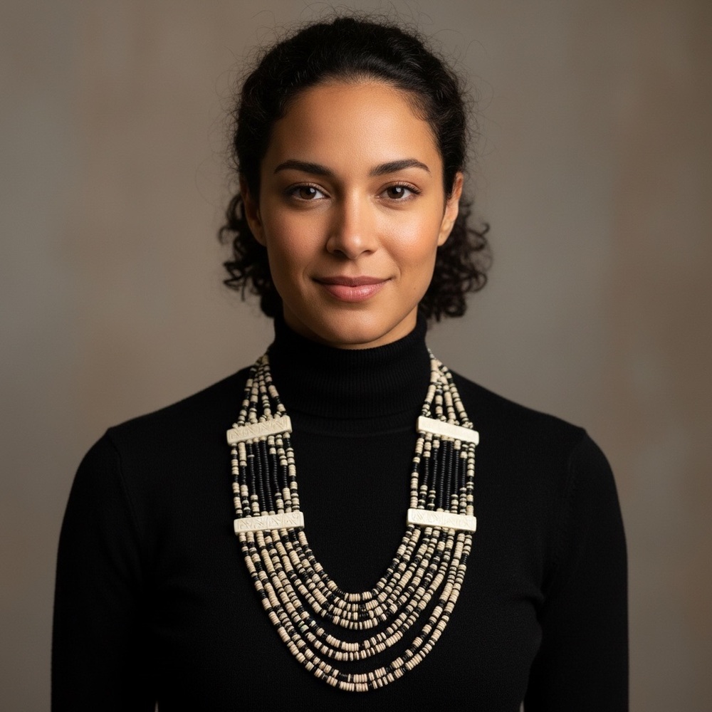 African Handmade 7-Strand Bone Bead Necklace – Black & Cream Statement Piece